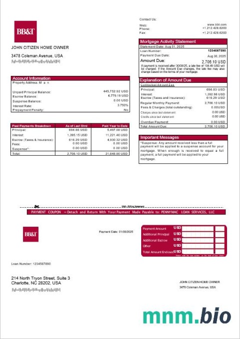 USA Waszyngton BB&T Bank wyciąg z kredytu hipotecznego w formatach Word i PDF